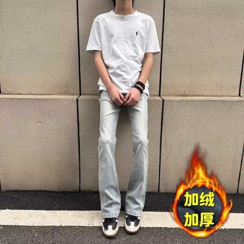 美式直筒显瘦弹力加绒牛仔裤高街vibe修身微喇叭cleanfit裤子潮