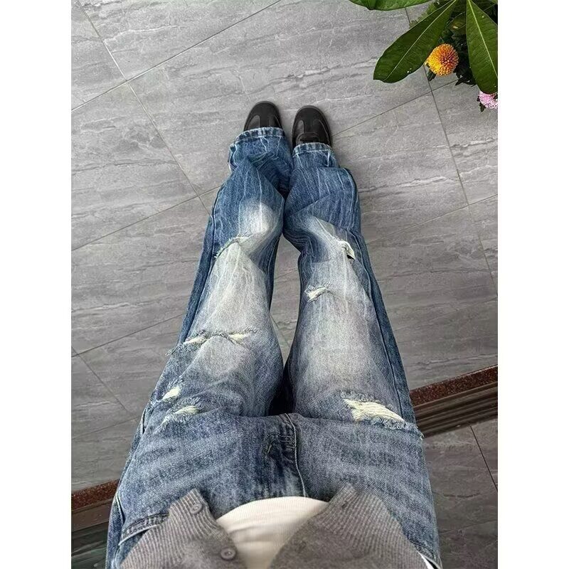 复古蓝破洞牛仔裤男款闪电纹美式高街vibe裤子高腰显瘦直筒微喇裤图片