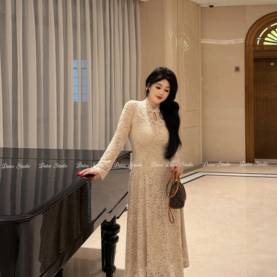 DATOO【月白微杏】微胖mm大码轻者立领盘扣长袖改良旗袍丝连衣裙