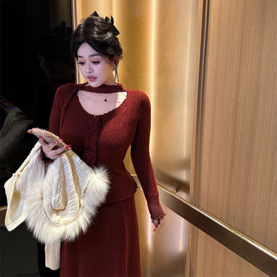 DATOO【玫瑰物语】法式花微胖mm大码朵飘带针织上衣+半身裙套装女