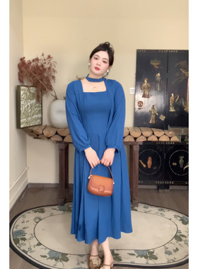 哒头.Studio【未晚蓝衫】微胖高级气质微盘mm显瘦大码显瘦连衣裙