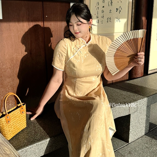 哒头.Studio【桂花酒】微胖大码气质改良鹅黄假两件旗袍连衣裙