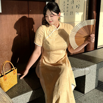 哒头.Studio【桂花酒】微胖大码气质改良鹅黄假两件旗袍连衣裙