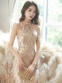金色晚礼服女年会主持人秋冬季 高级感轻奢小众高端流苏亮片鱼尾裙
