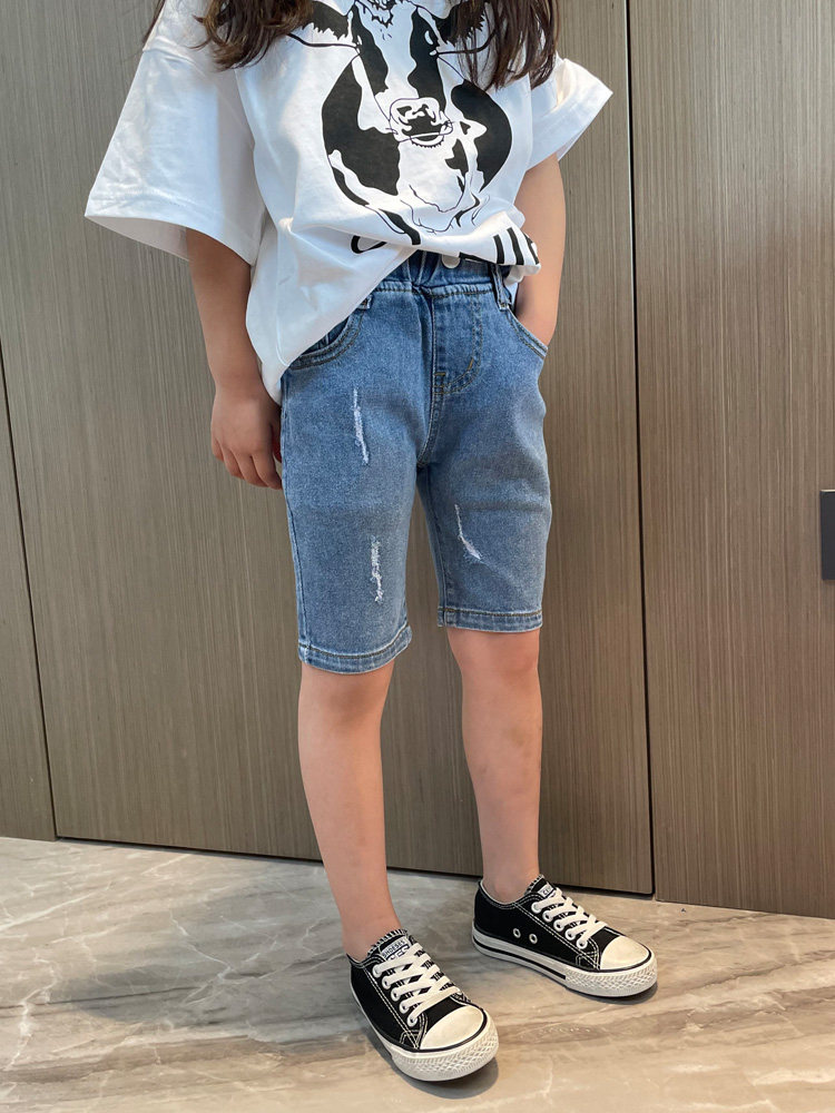 女童牛仔短裤2025夏季新款孩小脚修身中裤宝贝紧身简约儿童五分裤