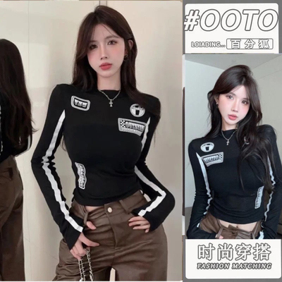 欧美时尚街头滑板酷辣风字母贴标印花弹力修身半高领百搭T恤女