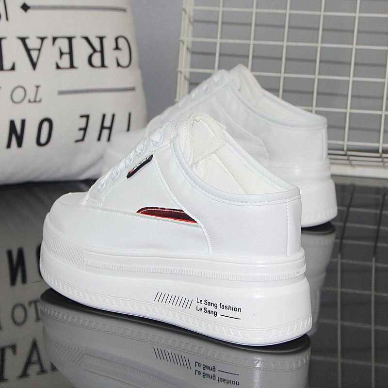 2022夏季皮面小白鞋厚底内增高10cm无后跟懒人鞋半托鞋女试衣鞋