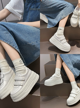 薇玖芭魔术贴厚底小白鞋女真皮小个子增高6.5cm松糕底运动休闲鞋