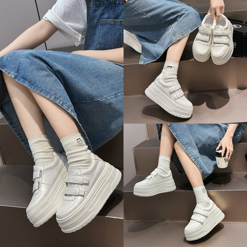 薇玖芭魔术贴厚底小白鞋女真皮小个子增高6.5cm松糕底运动休闲鞋