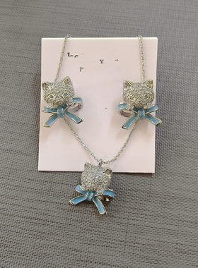 高品质 出口欧美轻奢大牌 可爱猫咪珐琅釉蓝色蝴蝶结耳钉项链女