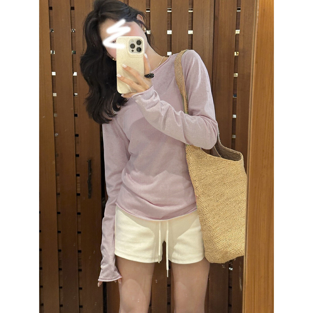 慵懒风卷边打底衫女2025新款早秋温柔修身显瘦软糯淡紫色长袖T恤