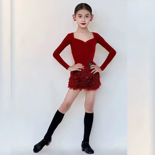 专业女童拉丁舞练习套装红色长袖比赛服羽毛蓬蓬裙训练演出服套装