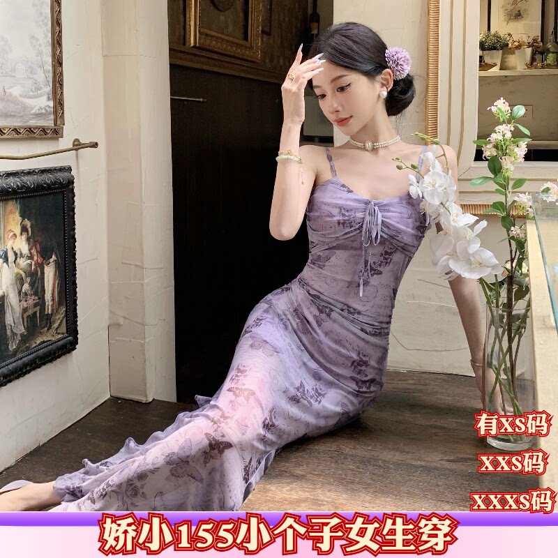 小个子新款女装夏季150cm显高155XXXS印花荷叶边吊带纯欲连衣裙女