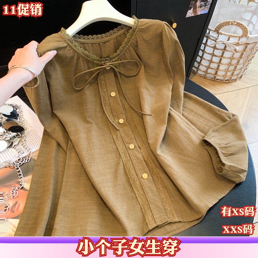 矮个子150cm新款秋季女装加小码XXS衬衫蕾丝花边系带长袖小衫上衣