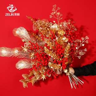 泽林新年福桶装饰仿真花冬青扇叶尤加利仿真配件抱抱桶装饰插件