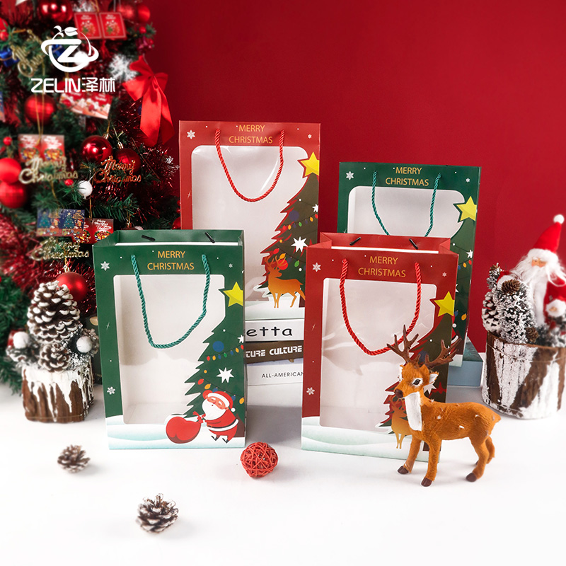 泽林圣诞节新款礼物橱窗手提袋透明开窗平安夜苹果礼盒花束礼品袋