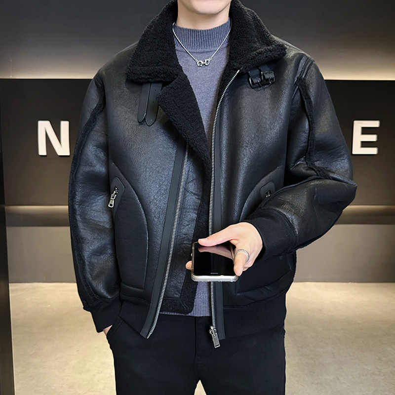 机车皮夹克皮毛一体西装领皮衣