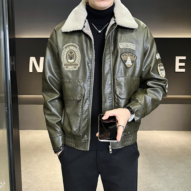 皮毛一体男士皮衣外套冬季2024新款痞帅潮牌加绒加厚毛领飞行夹克