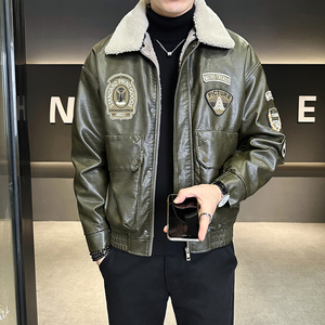 皮毛一体男士皮衣外套冬季2024新款痞帅潮牌加绒毛领飞行员皮夹克