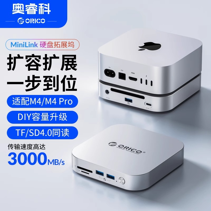 奥睿科适用于macmini拓展坞typec多接口转换器M4M4 Pro扩展扩容M.2硬盘盒SDTF4.0高速读卡MiniLink集线器