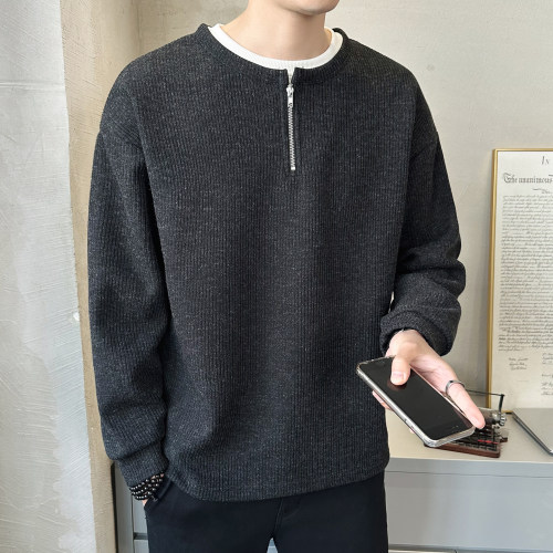 高级感半拉链男士卫衣2026春秋季新款美式潮牌假两件长袖T恤上衣