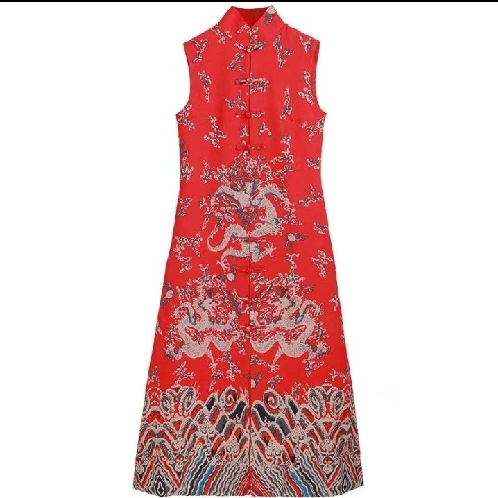 杨丽萍同款棉麻印花龙腾无袖改良长款旗袍旗袍文艺风格可定做 女