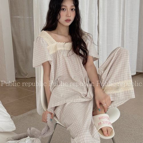 韩国Public republic 睡衣女甜美简约文艺小清新格子花边家居套装