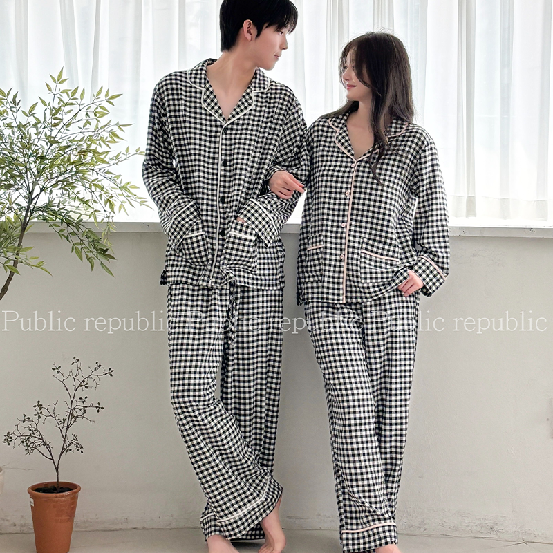韩国Public republic 睡衣印花复古宫廷棉纱甜美舒适情侣家居套装