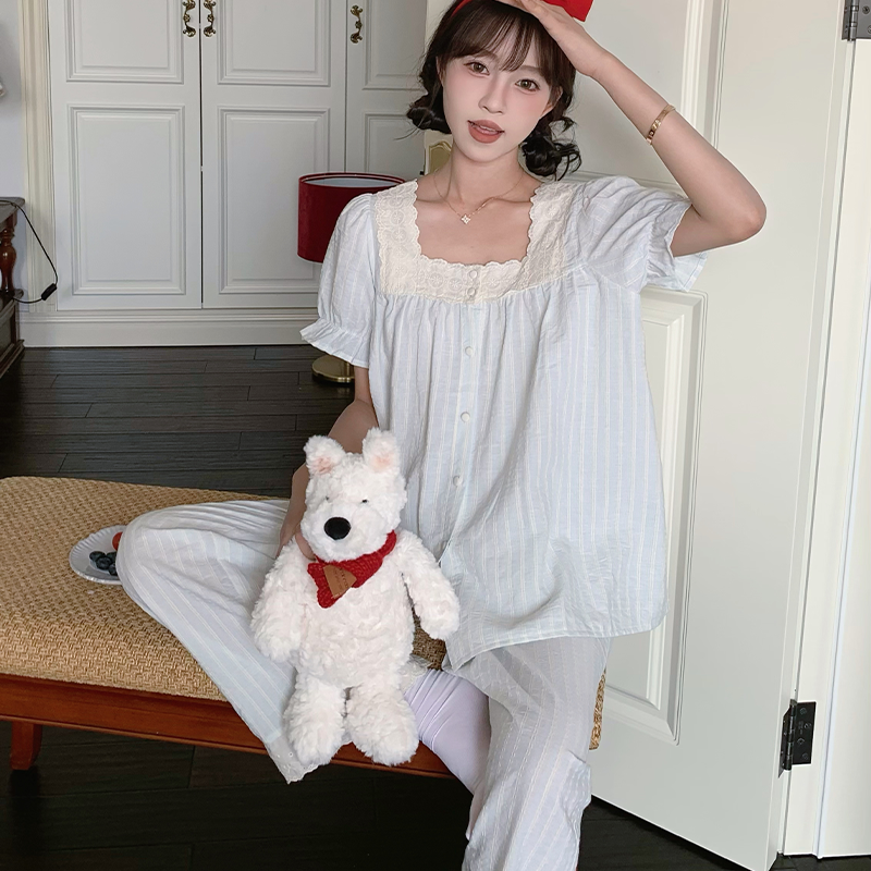 韩国Public republic 睡衣女清新宫廷方领款甜美舒适棉布家居套装