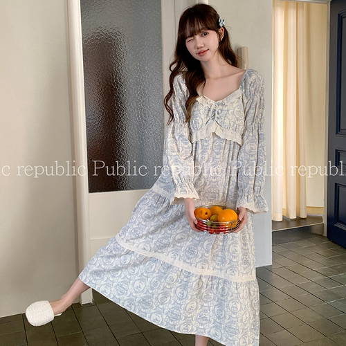 韩国Public republic 睡衣女「蔷薇知秋」复古印花带胸垫家居睡裙
