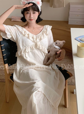 韩国Public republic 睡衣女纯色复古宫廷刺绣甜美带胸垫家居套装