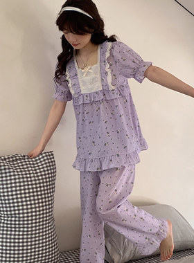 紫色小碎花韩国同款睡衣女清新甜美舒适薄款短袖长裤棉布家居套装
