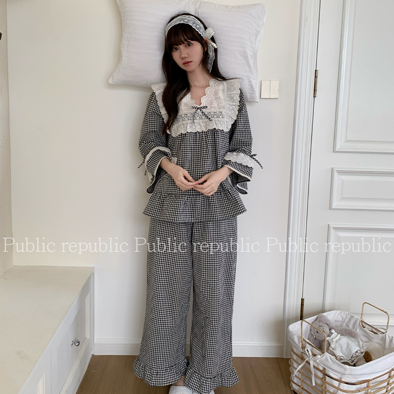 韩国Public republic 睡衣女甜美小清新格子少女棉布舒适家居套装