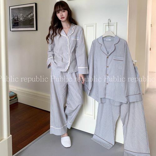韩国Public republic 睡衣女「情侣款」复古条纹舒适柔软家居套装