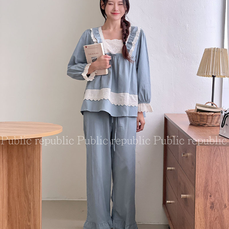 韩国Public republic 睡衣女甜美纯色简约棉布气质舒适家居套装