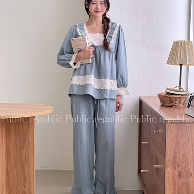 韩国Public republic 睡衣女甜美纯色简约棉布气质舒适家居套装