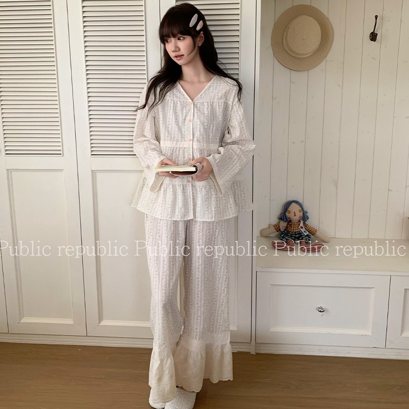 韩国Public republic 睡衣女甜美碎花小清新少女舒适开衫家居套装
