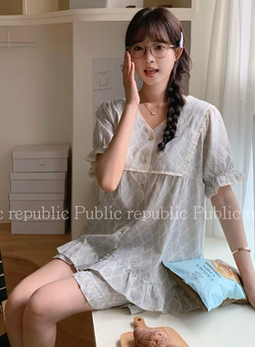 韩国Public republic 睡衣夏季印花复古宫廷甜美舒适薄款家居套装