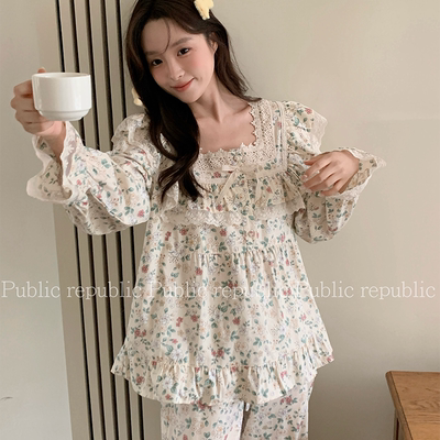 田园碎花系韩国Public republic 睡衣女甜美纯棉简约家居服套装