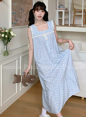韩国Public republic 睡衣女印花宫廷棉布甜美超舒适无袖家居睡裙