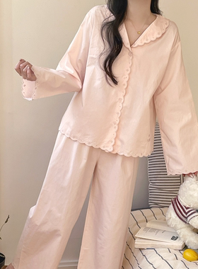 日系刺绣甜美春季新款睡衣女衬衫领简约气质对开襟棉布舒适家居服