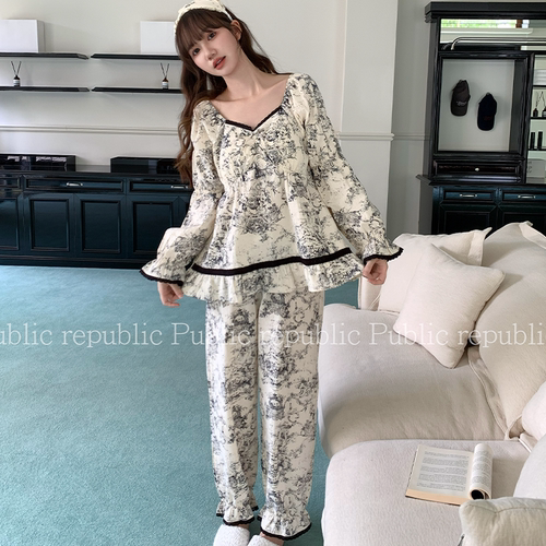 韩国Public republic 睡衣女「墨染知秋」复古印花带胸垫家居套装