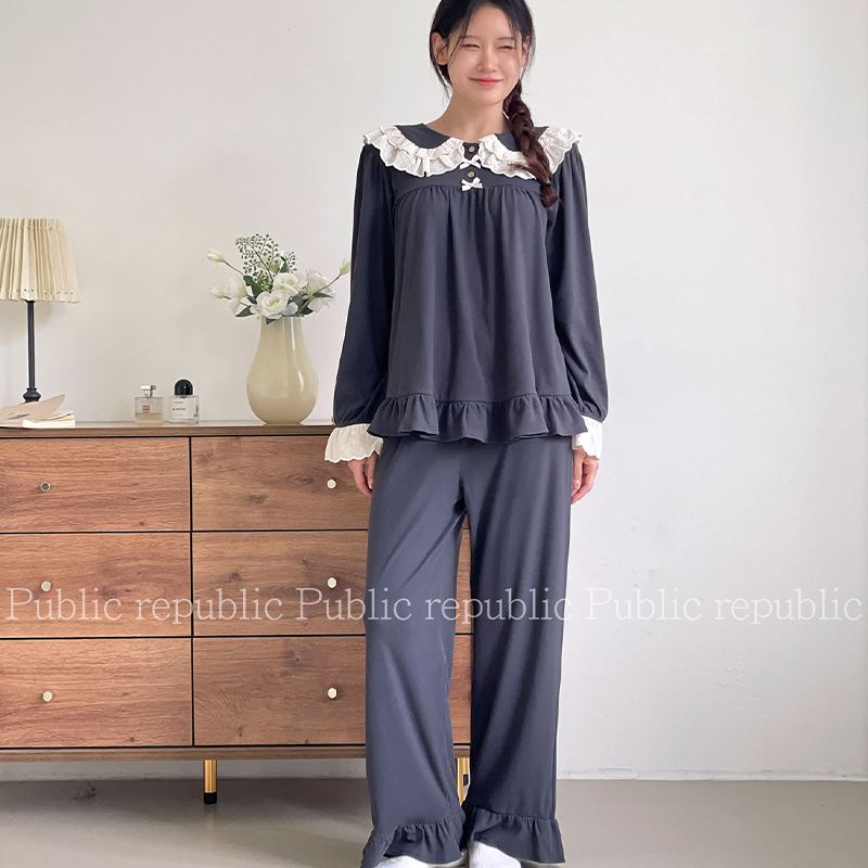 韩国Public republic 睡衣女甜美可爱翻领磨毛棉简约款家居服套装