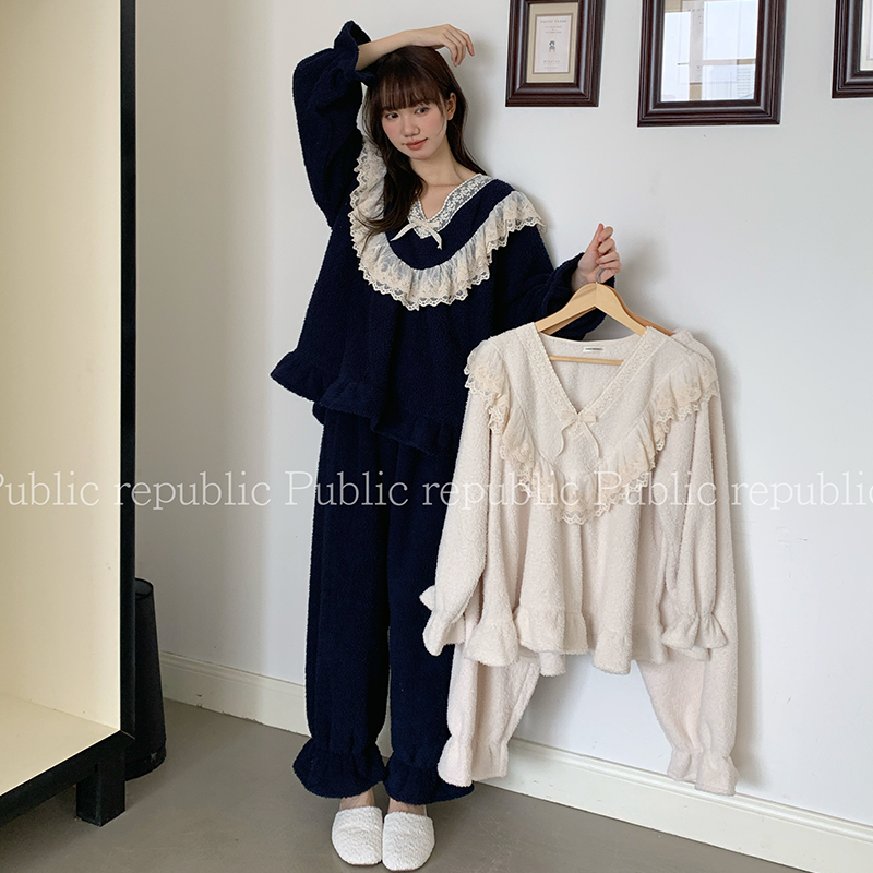 气质款荔枝绒韩国Public republic 睡衣女甜美软糯小V领家居套装