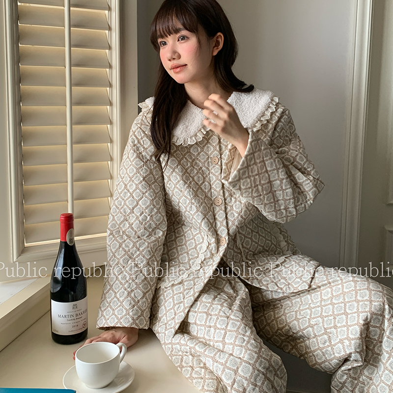 韩国Public republic 睡衣女甜美可爱翻领软糯夹棉款加厚家居套装