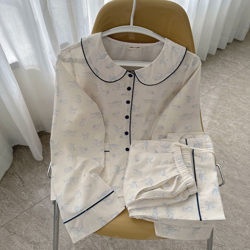 韩国Public republic 睡衣女素雅猫咪印花简约棉布娃娃领家居套装