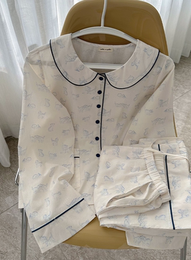 韩国Public republic 睡衣女素雅猫咪印花简约棉布娃娃领家居套装