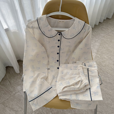 韩国Public republic 睡衣女素雅猫咪印花简约棉布娃娃领家居套装