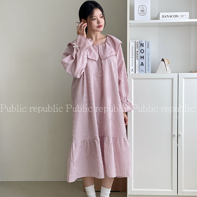 海军大翻领韩国Public republic 睡裙女格子甜美棉布长袖家居睡裙