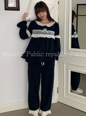 韩国Public republic 睡衣女甜美可爱软糯圆领奥粒绒花边家居套装